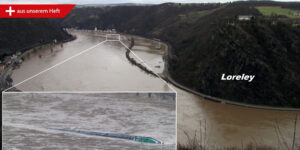 Kritische Lage der „Waldhof“ im Rhein bei Hochwasser nahe der Lorely (Quelle: Wikipedia / Holger Weinandt)